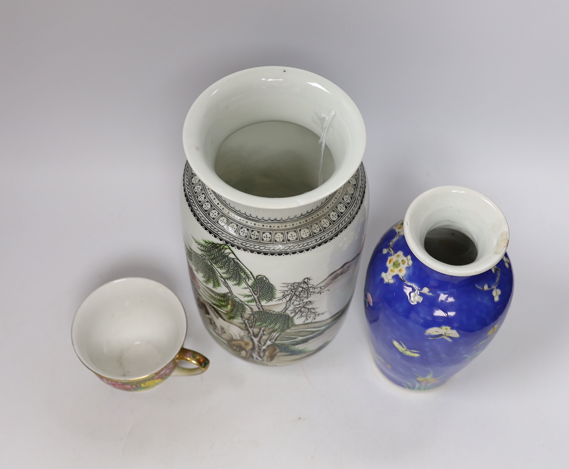 Four Chinese ceramics including two vases and a famille rose plate, largest 23cm high